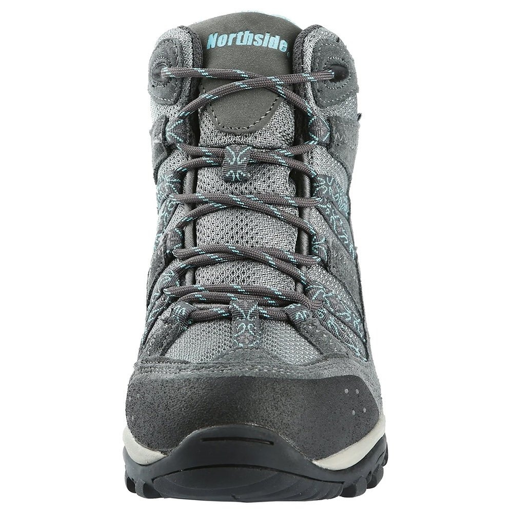 Women’s Northside Freemont mid hiking boots in grey and aqua featuring waterproof construction rugged traction sole cushioned ankle support and durable outdoor hiking design
