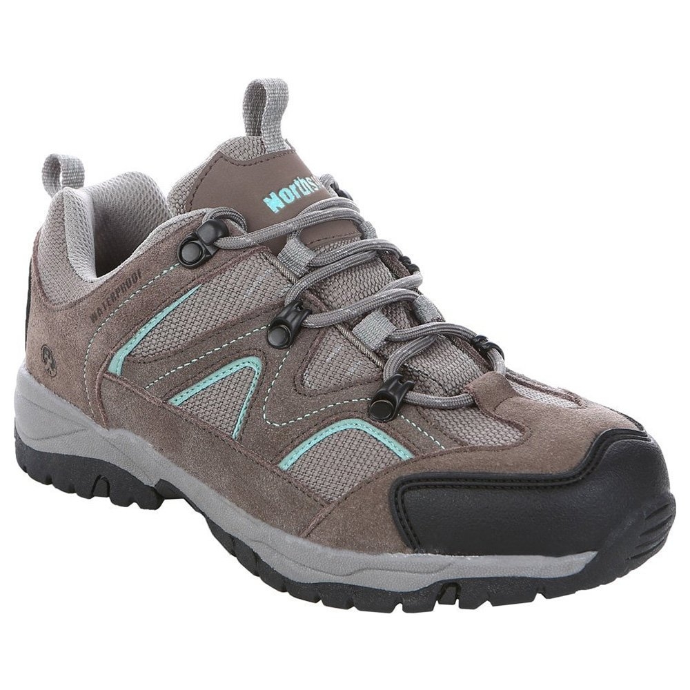 Northside Snohomish women’s low hiking boots in warm grey and sage featuring waterproof construction rugged traction outsole cushioned comfort and durable outdoor trail design