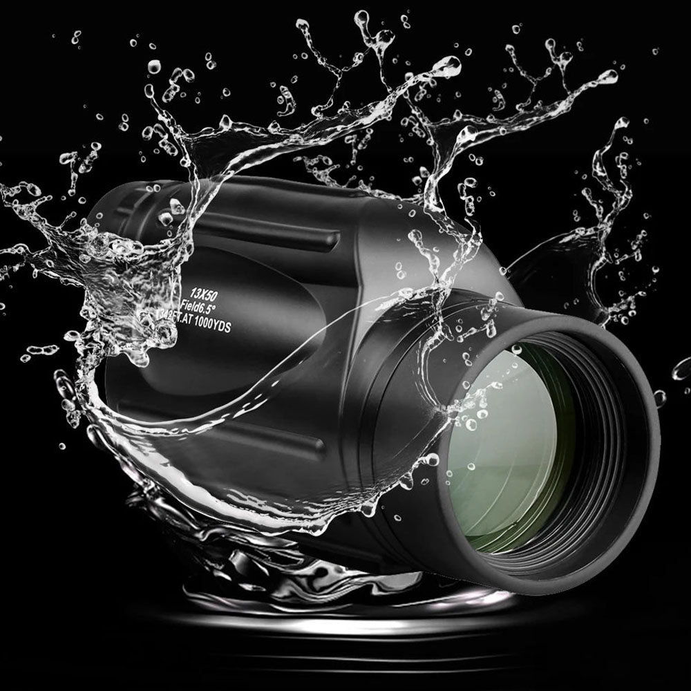 Black SVBONY SV49 13x50 monocular with waterproof design and accessories, shown in various angles including lens detail and packaging contents.