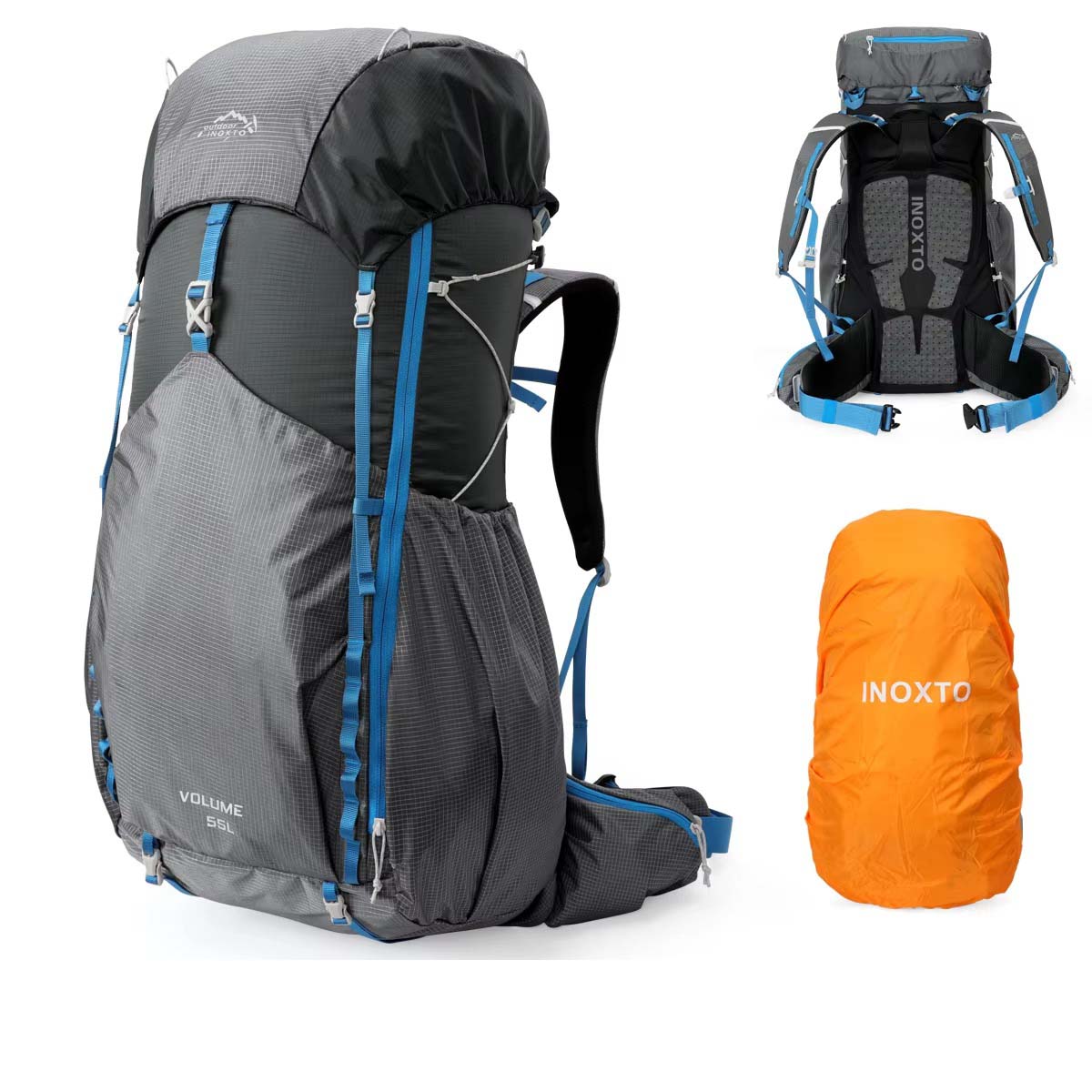 INOXTO 55L waterproof hiking backpack in grey and blue with ergonomic back panel, detachable rain cover, and padded hip belt.