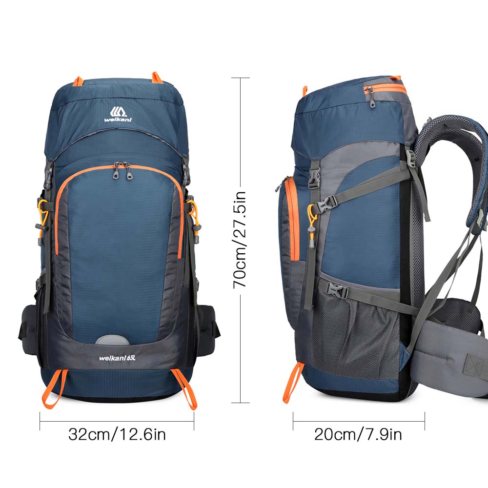 Hiker with a 65L backpack showcasing its multiple features on a mountain trail