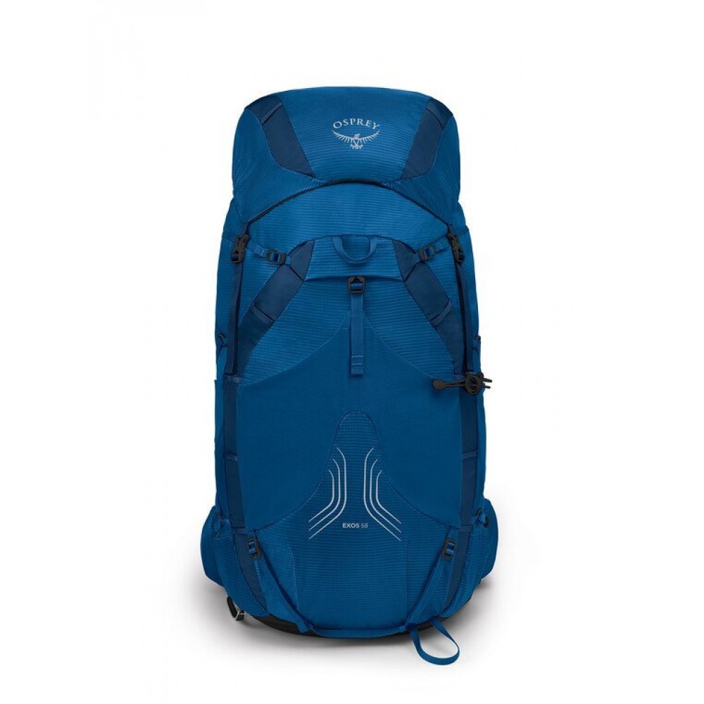 Osprey Exos 58 backpack with multiple storage options, adjustable straps, and AirSpeed® ventilation system.