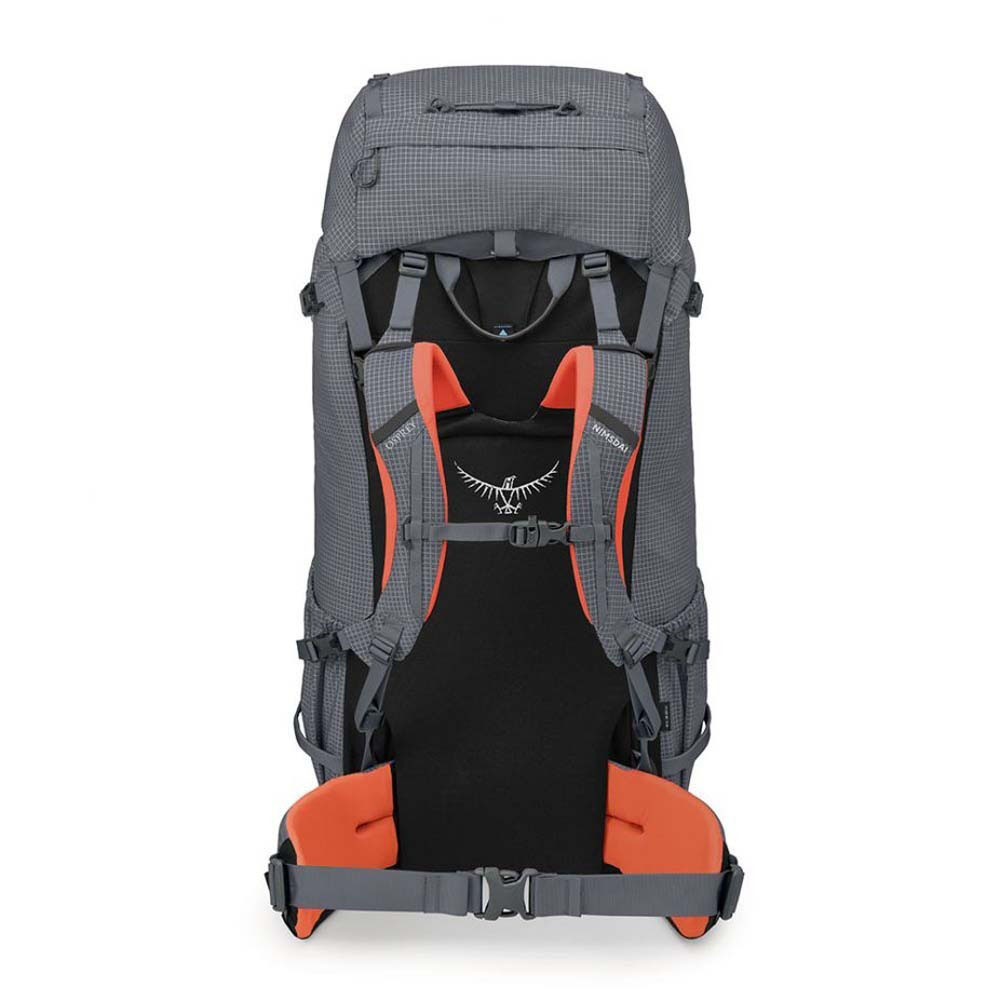 Front view of the Osprey Mutant Nimsdai 90L Mountaineering Backpack in Tungsten Grey, size Small/Medium, showcasing its robust design and multiple attachment points for mountaineering gear.