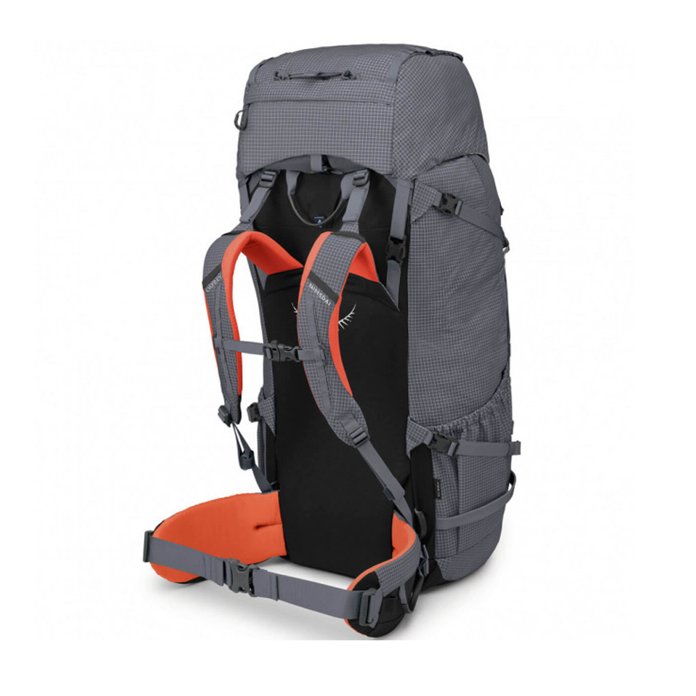 Front view of the Osprey Mutant Nimsdai 90L Mountaineering Backpack in Tungsten Grey, size Small/Medium, showcasing its robust design and multiple attachment points for mountaineering gear.