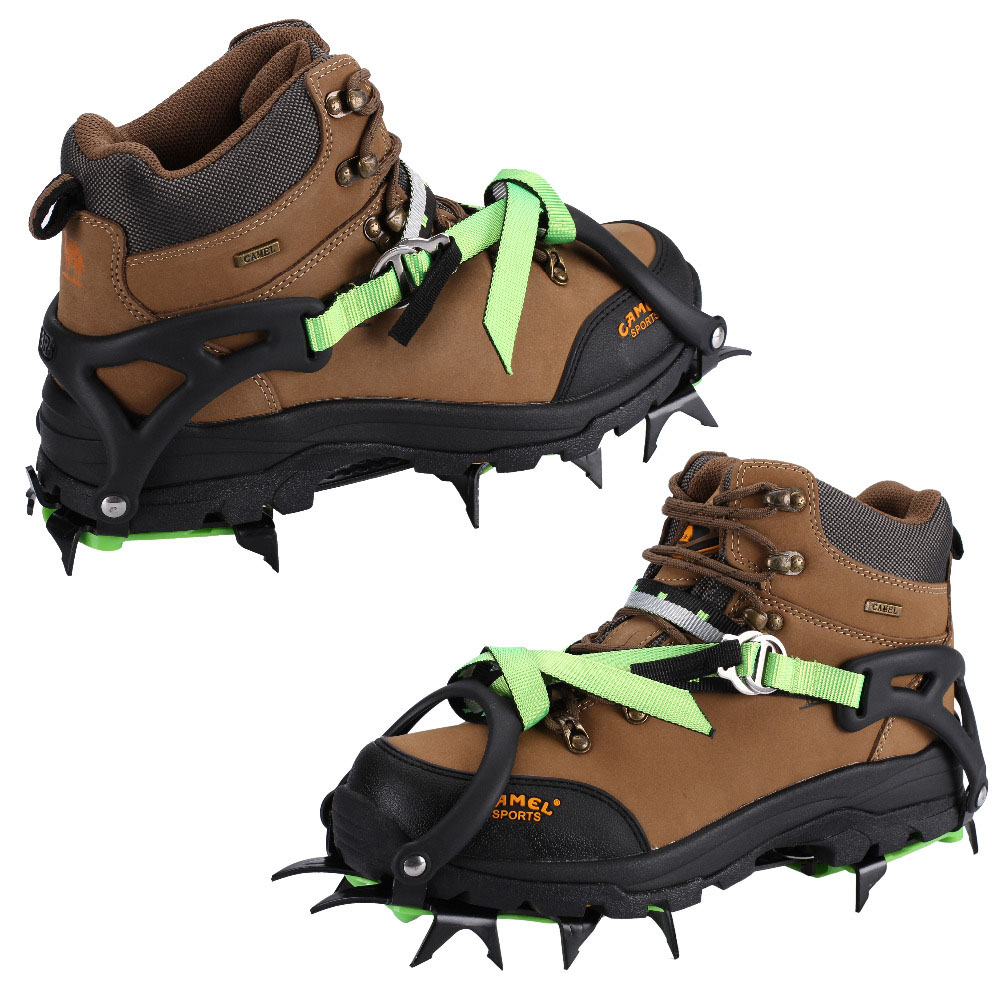 Green High-Altitude Manganese Steel Crampons with TPU binding, showcasing their robust design and 14-point traction system, ideal for challenging mountainous terrains.