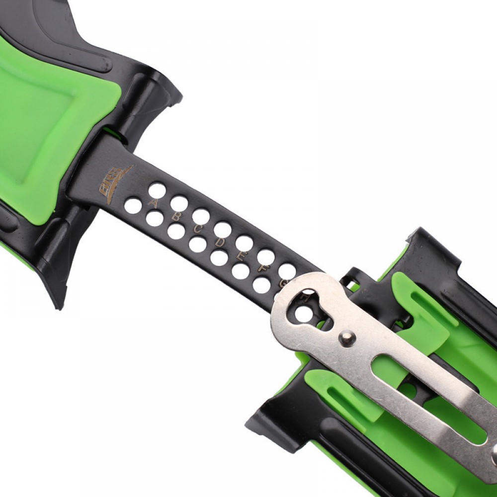 Green High-Altitude Manganese Steel Crampons with TPU binding, showcasing their robust design and 14-point traction system, ideal for challenging mountainous terrains.