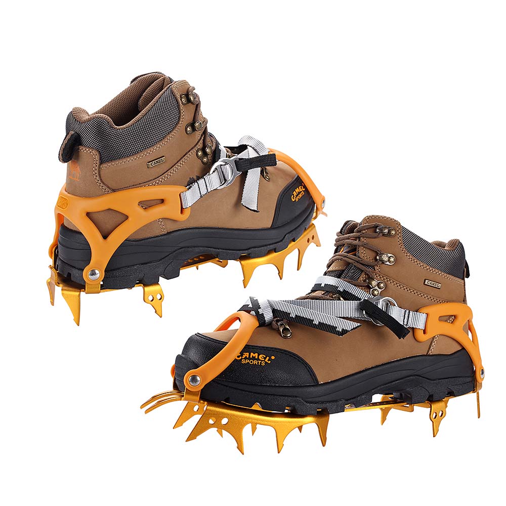 BRS-S3 Fourteen Teeth Walking Crampon in Blue and Orange, featuring durable aluminum alloy construction, ideal for icy and snowy terrains.