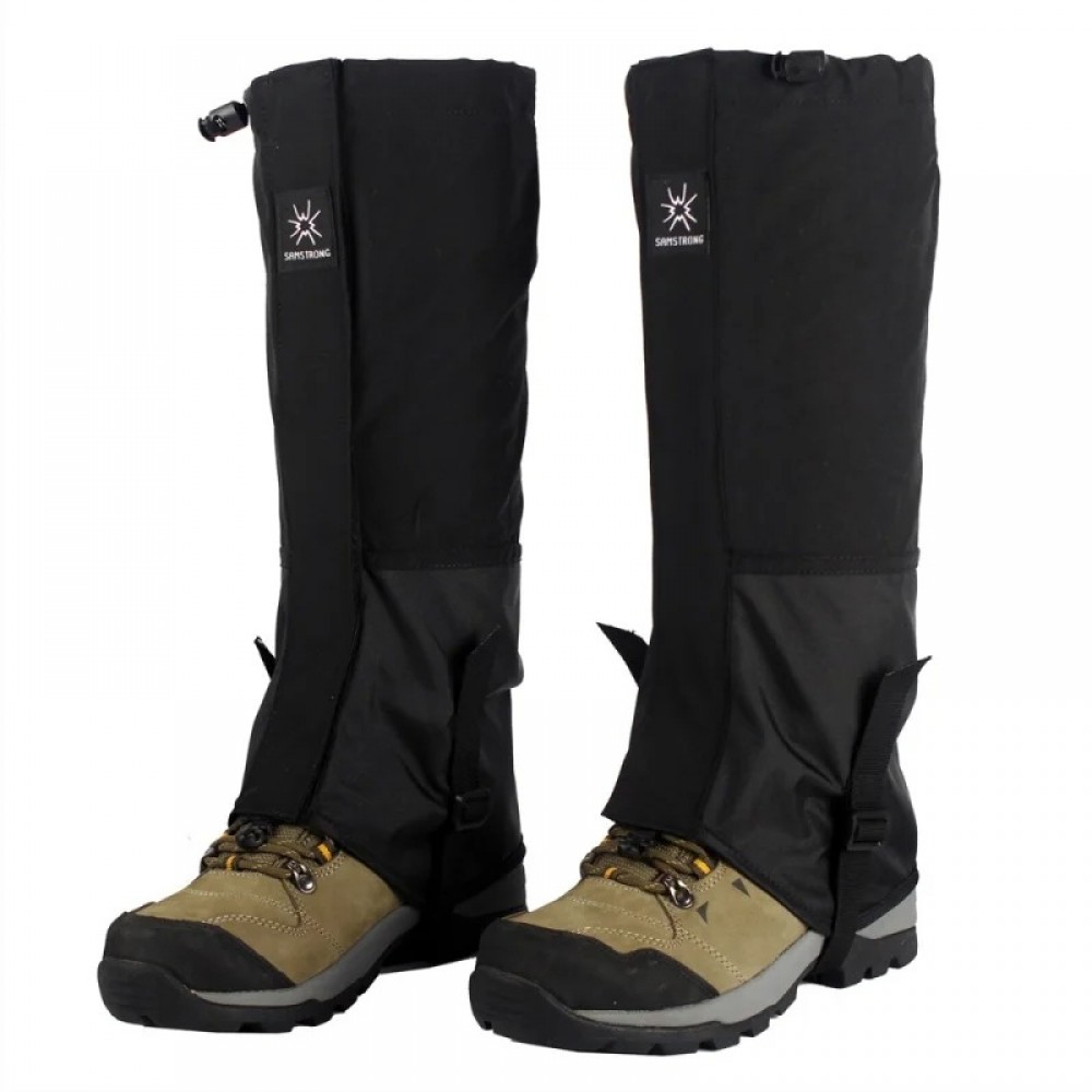 High-end black waterproof gaiters with hook and loop plus zipper closure for hiking boots.