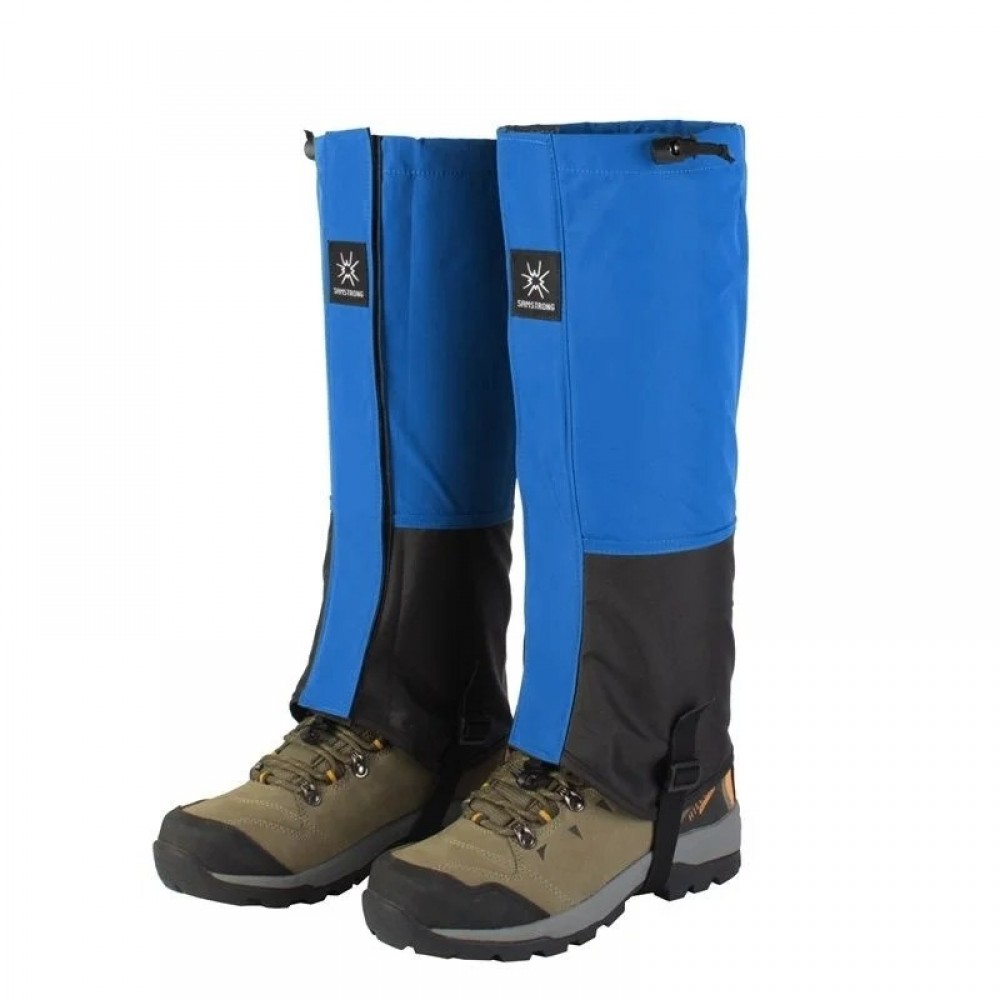 Blue and grey waterproof hiking gaiters with hook and loop and zipper fastening for outdoor protection.