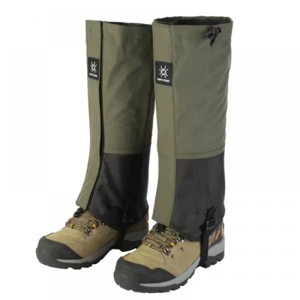 High-end black waterproof gaiters with hook and loop plus zipper closure for hiking boots.