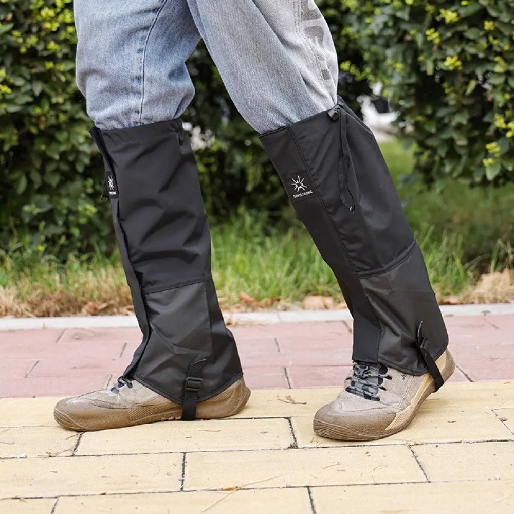 High-end black waterproof gaiters with hook and loop plus zipper closure for hiking boots.