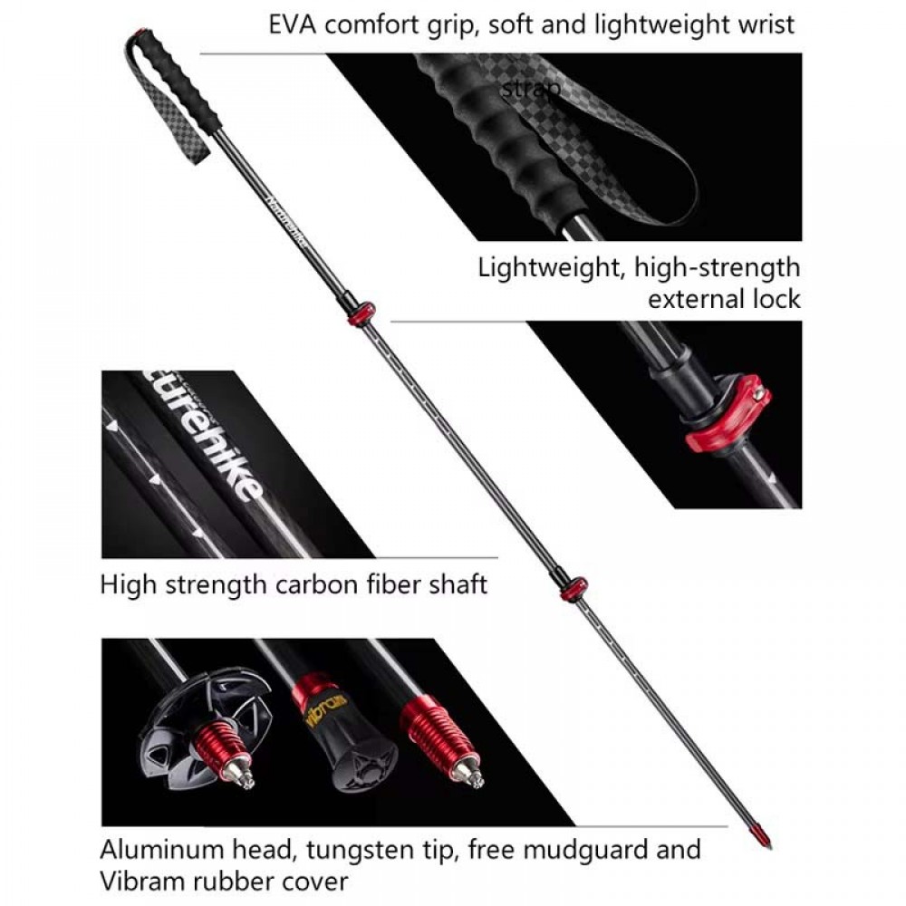 Advanced Features of Naturehike ST10 Carbon Fiber Poles Features of ST10 trekking pole including EVA grip, carbon shaft, and tungsten tip.