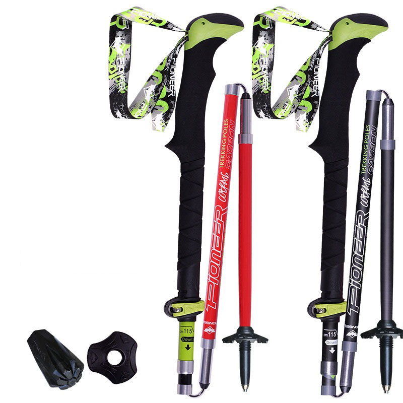 Folded Pioneer carbon fiber trekking poles with wrist straps, baskets, and tips included, ready for hiking or backpacking.