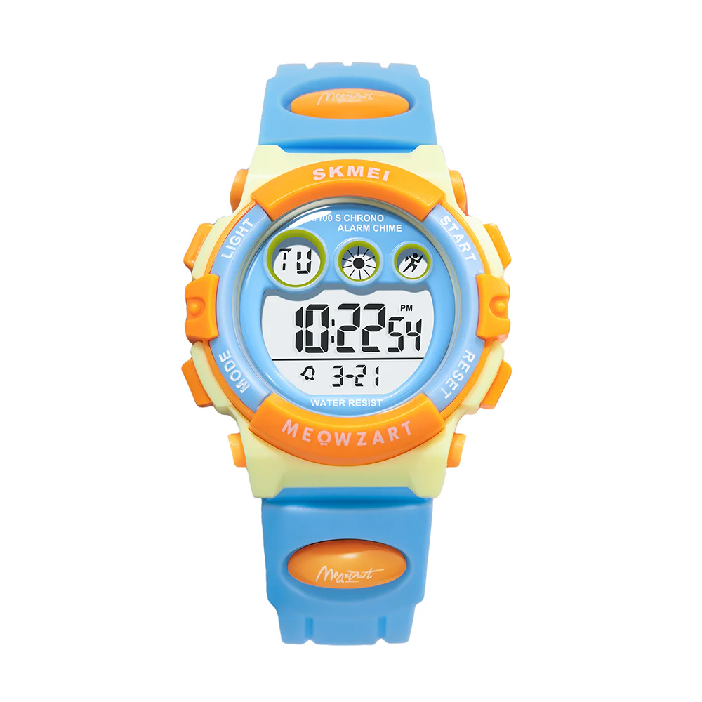 Waterproof Kids Digital Sports Watch Blue and Orange Colorful kids digital sports watch featuring a blue and orange resin strap, large LCD display, alarm and stopwatch functions, water-resistant design, and easy-to-read interface for everyday wear, school, and outdoor activities.