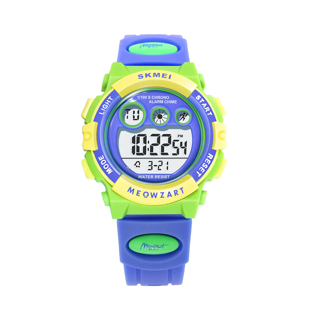 Waterproof Kids Digital Sports Watch Blue and Orange Colorful kids digital sports watch featuring a blue and orange resin strap, large LCD display, alarm and stopwatch functions, water-resistant design, and easy-to-read interface for everyday wear, school, and outdoor activities.